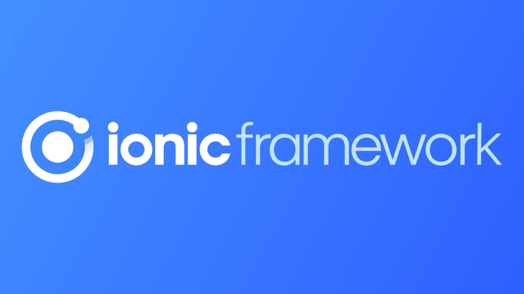 a blue background ionic framework logo with white text