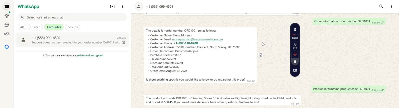 A WhatsApp Web n8n interface showing an order-related AI-generated message sent through the n8n WhatsApp automation.