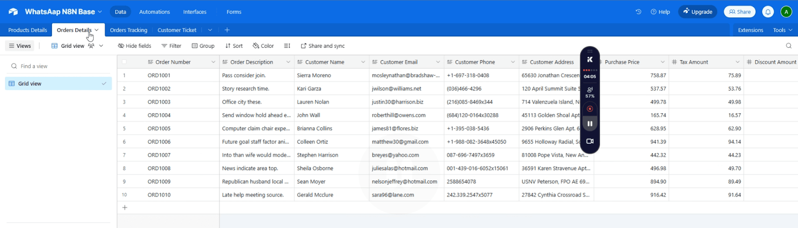An Airtable view of order data queried by an n8n WhatsApp chatbot to fetch order details using customer names or order numbers.